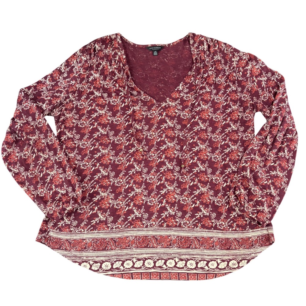 Lucky Brand Floral V-Neck Tassel Peasant Top L Burgundy Fall Boho Autumn Casual